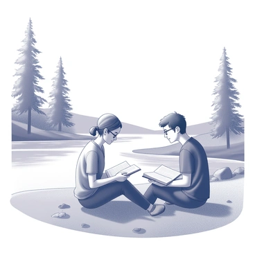 A teacher and a student are seated on the grassy bank of a river. The teacher has short hair and is wearing glasses, while the student has long hair tied back. They are both holding open books in their laps, engaged in discussion. The river flows gently beside them, and there are a few rocks scattered along the water's edge. In the background, tall trees frame the scene, their leaves rustling lightly in the breeze. The sky above is clear and expansive.