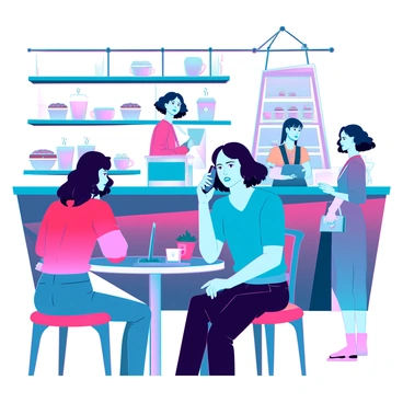 A person with medium skin tone and short, wavy black hair is sitting at a small table in a busy coffee shop. They are wearing a casual blue t-shirt and black jeans. The person holds a smartphone to their ear, looking concerned and slightly nervous. Around them, other customers are engaged in conversation, some are working on laptops, and a barista is making drinks behind the counter. The aroma of coffee fills the air, and there are vibrant coffee cups and pastries displayed on the counter nearby. The person's expression reveals the tension of receiving a "suspicious phone call."