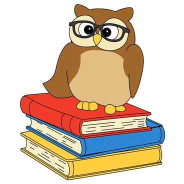 An owl wearing tiny glasses perched on a stack of old storybooks