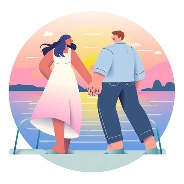 A couple is standing at the bow of a boat during a sunset cruise. The woman has long, flowing dark hair and is wearing a white sundress that billows gently in the breeze. The man has short brown hair and is dressed in a light blue button-up shirt with the sleeves rolled up and dark jeans. They are holding hands, gazing into each other's eyes with smiles on their faces. The sky is filled with shades of orange, pink, and purple as the sun sets on the horizon. The water reflects the vibrant colors of the sunset, creating a shimmering effect around the boat. In the background, silhouettes of distant islands can be seen against the colorful sky.