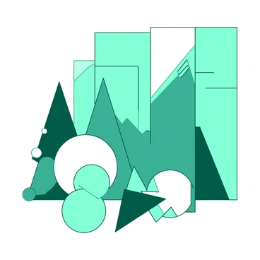 A composition featuring various geometric shapes arranged harmoniously. There are multiple circles in different sizes, some are teal while others are white. Triangles of varying dimensions are positioned throughout the scene, with some overlapping the circles. The background is filled with rectangular shapes in both colors, creating a sense of depth and structure. The shapes are arranged in a balanced manner, leading the viewer's eye across the entire image.