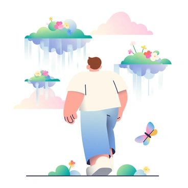A 3D human figure with short brown hair is walking through a dreamlike landscape. The figure is wearing a flowing white shirt and light blue pants. Above, there are floating islands with lush green vegetation and colorful flowers. Cascading waterfalls are flowing from these islands, creating misty sprays that catch the light. In the background, soft clouds drape across a pastel sky, blending shades of pink, lavender, and light blue. The ground is covered with colorful patches of grass, and vibrant butterflies flutter around the scene.