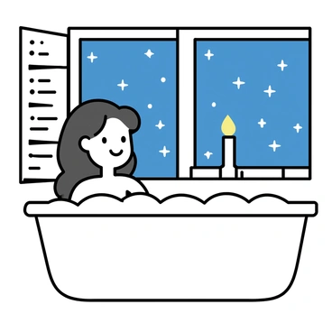 A person soaking in a bubble bath under a starry night sky through a window