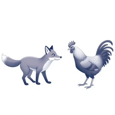 A fox with its ears perked up, displaying a surprised expression. The fox’s fur is detailed, showing texture and form. Nearby, a rooster is captured mid-motion, with its wings widely flapping open. The rooster stands tall, showcasing its vibrant feathers and an alert posture. The scene conveys a moment of unexpected interaction between the two animals, emphasizing the fox's reaction and the rooster's dynamic movement.