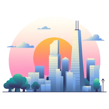 A city skyline is depicted at sunrise, with the first light illuminating the tall skyscrapers. The buildings have sleek glass façades that reflect the warm hues of orange and pink from the sky. In the foreground, there are silhouettes of trees and street lamps, adding depth to the scene. The sky is filled with soft gradient colors transitioning from deep blue to vibrant orange, showcasing the early morning light. A few clouds are scattered across the sky, catching the sunlight and enhancing the warm glow on the cityscape.