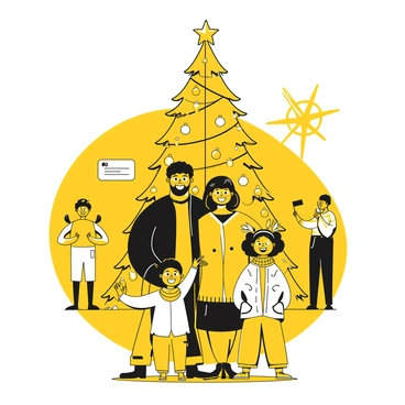 A family of four standing closely together, smiling broadly for a photograph. The parents, a father wearing a black coat and a mother in a yellow scarf, are flanking two children, a boy and a girl. The boy is holding a toy in one hand and the girl is wearing a festive headband with reindeer antlers. Behind them, the Rockefeller Center Christmas tree is prominently displayed, adorned with numerous ornaments and topped with a bright star. The area is bustling with people, some admiring the tree while others take photos.