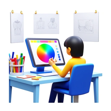 An illustration designer with short black hair is sitting at a desk, focused on a digital screen. The screen displays a vibrant color palette with a variety of bright colors. The designer is using a stylus to select colors from the palette. Surrounding the desk are art supplies, including sketchbooks and markers. The room is well-lit, and there are sketches pinned on the wall showcasing different designs.