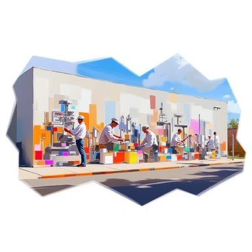 A large mural stretches across the exterior wall of a factory, showcasing a chronological depiction of the factory's history and its various products. The left side of the mural illustrates the factory's founding days, featuring workers in vintage clothing operating machinery. As the mural progresses to the right, it transitions into scenes of product development, highlighting iconic items produced by the factory over the years. In the foreground, vibrant colors are used to depict various products such as tools, textiles, or any notable items associated with the factory, while the background shows the evolution of the building itself through different architectural styles. The mural is filled with intricate details, capturing the spirit of the factory's legacy and its impact on the community.