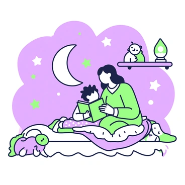 A parent is sitting in a cozy corner of a room designed with a starry night sky theme. The parent, wearing comfortable pajamas, holds a colorful storybook and reads aloud to a child nestled beside them. The child, with tousled hair in pajamas, looks up with wide eyes, captivated by the tale. The walls of the room are decorated with purple and green stars and crescent moons, casting a gentle glow. A nightlight shaped like a star sits on a nearby shelf, illuminating the scene softly. A plush blanket covers them both, and a few stuffed animals are scattered around the floor.