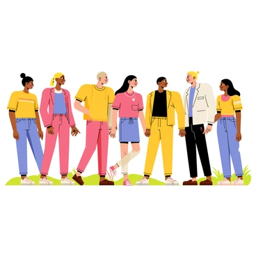 A group of diverse people standing together in a circle, joining hands. Each person has distinct features, representing various ethnic backgrounds. The individuals are wearing colorful clothing, adding vibrancy to the scene. They smile at each other, expressing unity and support. The background is a bright, sunny day, with green grass underfoot, enhancing the uplifting atmosphere.