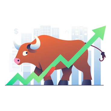 A powerful bull standing on a stock market graph with upward trending arrows