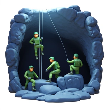 A group of soldiers in tactical gear using ropes to rescue trapped teammates inside a mountainous cave. The scene depicts a rugged cave interior with rock formations and shadows cast by dim light sources. One soldier is securely anchored to a rocky ledge, while another is descending on the rope towards a teammate. The trapped teammates are positioned on a rocky surface, appearing focused and hopeful. The soldiers exhibit determination, demonstrating teamwork and strength in this challenging environment.