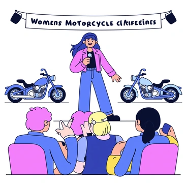 A biker girl with long, flowing hair is standing confidently on a stage, wearing a leather jacket and denim jeans. She is holding a microphone, passionately sharing her story. The stage is equipped with a banner that reads "Women's Motorcycle Conference." The audience, made up of women of various ages, is seated in front of her, listening intently. Bright spotlight illuminates her, and there are motorcycles displayed on both sides of the stage, enhancing the conference atmosphere.
