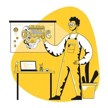 An engineer with short hair wearing safety goggles and a black headset is standing in a well-lit workspace. He is interacting with a holographic display, manipulating virtual components of a car engine. The display shows detailed schematics of the engine with various parts highlighted. Surrounding the engineer are tools and equipment typically found in an engineering environment, including a workbench with tools laid out and a computer monitor displaying performance metrics. The engineer's focused expression conveys concentration as he analyzes the virtual simulation.