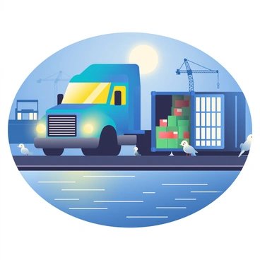 A large truck with illuminated lights is positioned at an ocean dock during the night. The truck is vibrant blue with bright yellow lights shining, illuminating the surrounding area. It is parked next to a shipping container that is partially open, revealing rows of neatly packed boxes inside. The dock is lined with wooden planks, and a few seagulls can be seen perched nearby. The water reflects the soft glow of the lights and the moon, creating shimmering patterns. In the background, silhouettes of cranes and other containers are visible against the night sky, adding depth to the scene.