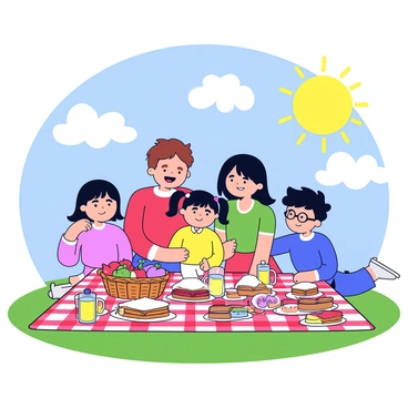 A cheerful family sitting on a red and white checkered blanket spread out on green grass. The family consists of four members: a father with short brown hair, a mother with long black hair, a young girl with pigtails, and a teenage boy wearing glasses. They are surrounded by various picnic items, including a wicker basket overflowing with fruits like apples and grapes, sandwiches neatly arranged on plates, and a bottle of lemonade. The sky is clear blue with a few fluffy white clouds, and a bright yellow sun shines down on them. The scene captures the joy of togetherness and the enjoyment of food outdoors.