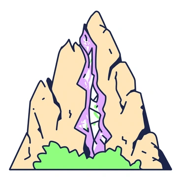 A mountainous rock formation towers in the scene, characterized by rugged cliffs and jagged peaks. A prominent crack runs through the center of the formation, exposing shimmering crystal veins within the rock. The crystals are arranged in intricate patterns, reflecting light in various angles. The surrounding rock displays rough textures and layers, showcasing earthy tones. Small patches of greenery can be seen at the base of the formation, contrasting with the stark, rocky surface.