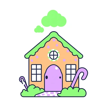 A gingerbread house stands on a small base, intricately decorated with green icing along the edges of the roof. The walls are adorned with purple candies in various shapes, including gumdrops and jelly beans. The front door is framed with icing, giving it a charming appearance. Each window is bordered with green icing, and small purple candy canes lean against the house. In the foreground, a pathway made of crushed purple candies leads up to the door, surrounded by patches of green icing that resemble grass. Above the house, there are fluffy green clouds gathering in the sky.