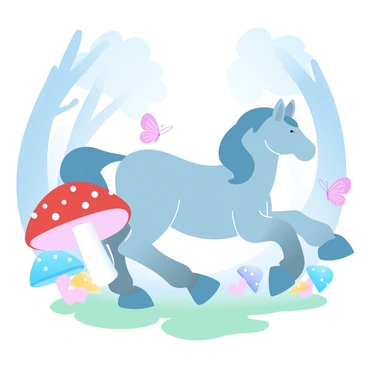 A pony with a shiny coat is trotting through a magical forest. The pony's mane is flowing in the gentle breeze. Surrounding the pony are large, colorful mushrooms in various shapes and sizes, with vibrant hues of red, blue, and yellow. Butterflies with intricate wing patterns flutter around the mushrooms, adding bursts of color to the scene. Sunlight filters through the tall, lush trees, casting dappled light on the forest floor covered in soft green moss.