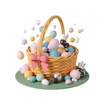 A woven wicker basket, sitting on a soft green grass surface, is overflowing with assorted Easter candies and chocolate bunnies. The basket features a bright red ribbon tied around its handle. Various colorful candies, including pastel eggs and jelly beans, spill out from the top, creating a vibrant display. Several chocolate bunnies, wrapped in shiny foil, are nestled among the candies, showcasing intricate details on their surface. The scene is bright and cheerful, embodying the festive spirit of Easter.