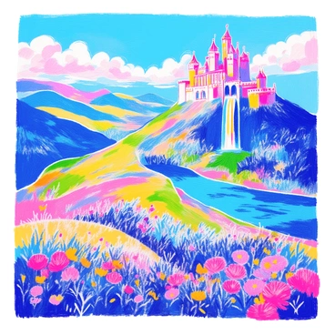 A vibrant landscape features rolling green hills under a bright blue sky. In the distance, there are majestic castles perched among fluffy white clouds. These castles have tall spires and intricate architectural details. Flowing from the clouds are waterfalls that shimmer with all the colors of the rainbow, cascading down into a clear blue lake at the base of the hills. The scene is filled with lush greenery and colorful wildflowers scattered across the hills.