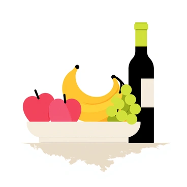 A cartoon-style illustration of a still life setup featuring a round ceramic bowl filled with a variety of colorful fruits, including red apples, yellow bananas, and green grapes. Beside the bowl, there is a tall, dark green wine bottle with a long neck and a simple label. The background consists of a textured surface resembling a tablecloth, enhancing the focus on the bowl of fruits and the wine bottle. Soft shadows are cast beneath the objects to create a sense of depth.