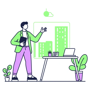 An entrepreneur is standing in an open-air setting, with a clear view of a cityscape in the background. The entrepreneur is wearing a fitted blazer over a dress shirt and fitted trousers, holding a tablet in one hand while gesturing with the other hand as they present their business idea. In front of them, there is a small table with a laptop, a few printed documents, and a small potted plant. The sky above is clear, and tall buildings can be seen rising in the background, contributing to the urban atmosphere.