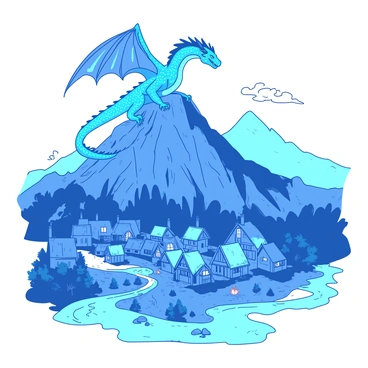 A blue dragon with shimmering scales is perched majestically on a rugged mountain peak. Its wings are partially unfurled, displaying intricate patterns. Below the dragon, a medieval village is sprawled, featuring thatched-roof cottages and cobblestone streets. The village is nestled in a lush valley, with clusters of trees and a winding river that reflects the clear sky. Smoke is rising from chimneys, hinting at fires lit within the homes. The dragon gazes down with a watchful eye, surveying the peaceful scene below.