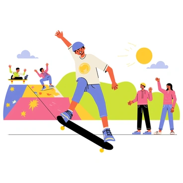 A cartoon boy with a bright blue helmet is performing a trick on his skateboard at a lively skate park. He is mid-air, executing a kickflip with his skateboard. The skate park is filled with colorful ramps and graffiti-covered walls. In the background, other cartoon characters are watching and cheering, showcasing various skateboarding tricks. The sun is shining brightly, casting playful shadows on the ground.