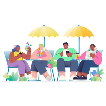 A group of five people is sitting at various tables at an outdoor café under bright umbrellas. Two women with long hair are sharing a laugh while holding colorful cocktails, one with a pink drink and the other with a yellow drink adorned with a small paper umbrella. A man with short brown hair is seated nearby, sipping a dark coffee and reading a newspaper. Another woman is taking a photograph of her iced beverage, which has a slice of lemon and mint leaves. The café setting is surrounded by lush green plants and blooming flowers, enhancing the vibrant atmosphere of the warm spring day.