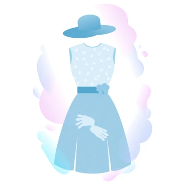 A vintage Dior outfit from the 1950s is displayed on a dress form. The outfit features a fitted bodice with a wide flared skirt that falls to mid-calf length. The fabric is adorned with intricate floral patterns in soft pastel colors. A matching belt cinches the waist, accentuating the silhouette. A pair of elegant gloves lies draped across the dress form, and a classic hat with a wide brim sits atop the display, complementing the ensemble. The background consists of gentle waves of pastel colors that enhance the nostalgic feel of the scene.