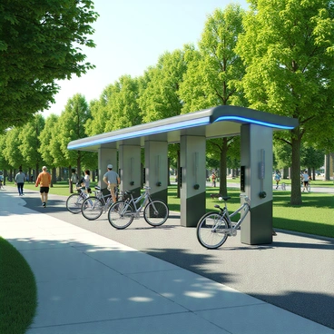 A solar-powered charging station for smart bikes in a sunny park