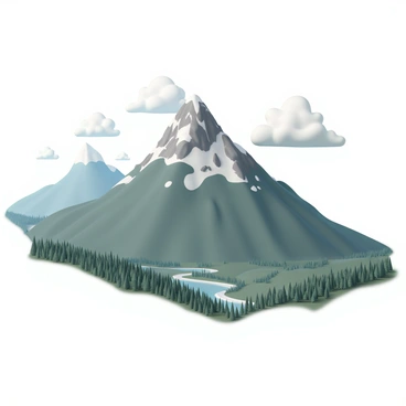 A majestic mountain peak rises sharply into the sky. The summit is rugged and rocky, with patches of snow clinging to its slopes. Below, a vast valley spreads out, filled with a dense forest of tall pine trees that extend as far as the eye can see. The green foliage contrasts with the rocky mountain terrain. In the distance, a winding river glimmers under the sunlight, cutting through the valley. Fluffy white clouds float lazily in the bright blue sky, completing the picturesque scene.