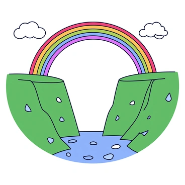 A vibrant rainbow with distinct bands of red, orange, yellow, green, blue, indigo, and violet is arcing gracefully over a deep chasm. The sky is clear with a few fluffy white clouds scattered. Below the rainbow, the chasm reveals steep sides covered in lush greenery, with scattered rocks visible. The ground is slightly wet, glistening from the recent rain shower, reflecting the colors of the rainbow.