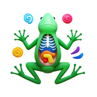 A 3D icon of a frog anatomy model showcasing the skeletal structure and organs. The frog is depicted in vibrant green colors, with transparent elements revealing its internal organs. Surrounding the frog are abstract art elements, including swirling shapes and geometric patterns in bright colors, creating a dynamic composition. The frog is positioned centrally, with the abstract elements radiating outward, enhancing its anatomical features.