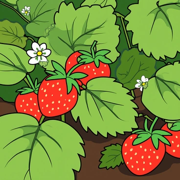 A close-up view of a strawberry plant with vibrant green leaves. The plant displays several ripe red strawberries, some partially nestled among the leaves. The leaves are glossy and healthy, with visible serrated edges. Tiny white flowers can be seen blooming among the foliage, adding a touch of contrast to the green. The background is softly blurred, emphasizing the intricate details of the strawberries and the texture of the leaves.