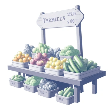 A farmers' market stall filled with various fruits and vegetables. The stall features neatly arranged baskets overflowing with produce. There are apples and oranges piled high, with vibrant green cucumbers and yellow squash beside them. Leafy greens, such as kale and lettuce, are displayed in a way that showcases their texture. A wooden sign hangs above the stall, displaying prices for the different items. The stall has a rustic wooden structure, giving it an authentic market feel.