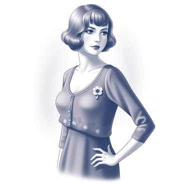 A classic portrait of a woman from the 1920s. She has a bob hairstyle, with soft waves framing her face. The woman is wearing a vintage dress with intricate patterns and a fitted waist. On her left side, a "poppy brooch" is prominently displayed, adding a touch of elegance to her attire. Her expression is confident, and she is gazing slightly to the side, capturing the essence of the era. The background features subtle textures, drawing attention to her classic style.