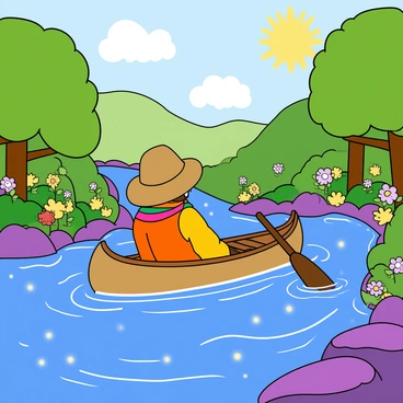A magical explorer with a wide-brimmed hat and a colorful scarf is sitting in a small, wooden canoe. The canoe is gently gliding down an enchanted river that reflects shades of blue and purple. The water is sparkling with tiny, glowing stars and whimsical swirls, giving it a magical appearance. Lush green trees line the riverbank, and colorful flowers are blooming nearby. Numerous small, friendly creatures, like fairies and talking animals, can be seen peeking from behind the foliage. In the sky above, fluffy clouds drift lazily, and a bright sun casts a warm light over the scene.