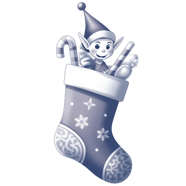 An elf with pointed ears and a mischievous expression is peering out from inside a large Christmas stocking. The stocking features intricate patterns with festive motifs, including candy canes and snowflakes. The elf's vibrant outfit includes a red tunic and green pants, with a jingle bell hat perched atop its head. The stocking is filled with various toys and treats, partially visible around the elf. The scene is cozy and evokes a sense of holiday cheer and excitement.