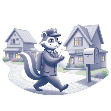 A skunk wearing a postman's uniform, complete with a cap and satchel, is walking through a quaint village. The skunk holds several letters in its paws, ready to deliver. Surrounding the skunk are charming houses with thatched roofs and colorful flower gardens. A cobblestone path winds through the village, and a mailbox stands nearby, adorned with decorative details. The scene captures the skunk in mid-step, with a cheerful expression as it approaches a house to make a delivery.