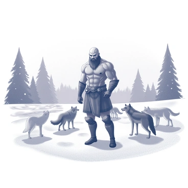 Kratos stands in the middle of a snowy landscape, surrounded by a pack of wolves. The wolves are various sizes, some crouched low to the ground, while others stand alert, their fur blending with the white snow. The ground is covered in a thick blanket of snow, with trees in the background partially obscured by frost. The atmosphere conveys a moment of tranquility as Kratos, with his muscular build and iconic armor, appears calm and composed, his gaze directed at the wolves. The snowy terrain is dotted with patches of frozen ground, and delicate snowflakes gently fall from the overcast sky. The overall scene captures a balance between strength and serenity in a wintry environment.