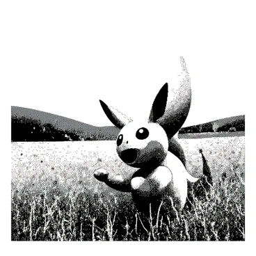 A Pokémon is frolicking in a wide open meadow. The Pokémon has an expressive face, with large eyes and distinct features that make it identifiable. It is surrounded by tall grasses swaying gently in the breeze, with wildflowers scattered throughout the scene. In the background, there are rolling hills that add depth to the landscape. The sky above is clear, with no clouds visible, creating an expansive feeling of openness. The sunlight casts soft shadows on the ground, highlighting the Pokémon's playful movements.