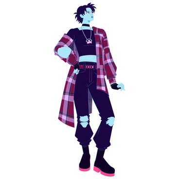 An emo person with dyed black hair styled in a messy fringe, wearing a fitted black band t-shirt and a long, oversized plaid shirt unbuttoned over it. They have layered clothing, including tight black jeans with rips at the knees and a studded belt. Accessories include multiple bracelets on their wrists, a choker necklace with a small pendant, and a pair of fingerless gloves. They are striking a stylish pose, leaning slightly to one side with one foot forward, their head tilted down while looking up with an intense expression. The person's eyeliner is bold, emphasizing their eyes.
