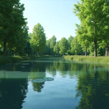 A tranquil pond surrounded by a lush green forest. The surface of the pond is smooth and mirrors the tall trees and the blue sky above. Sunlight filters through the leaves, creating dappled light patterns on the water. The trees are a mix of evergreens and deciduous varieties, with vibrant green foliage. A few delicate lily pads float gently on the pond's surface, adding subtle details to the serene scene.