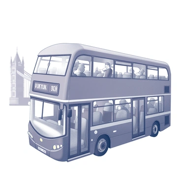A traveler is seated on the upper deck of a double-decker bus. The bus is depicted in detailed line art, showcasing its iconic shape and features including large windows and a rounded front. The traveler is looking out the window, taking in the view of London's famous landmarks. In the background, you can see the outlines of notable structures such as the Tower Bridge and the Houses of Parliament. The streets below are busy with pedestrians and other vehicles. The scene captures a sense of exploration and adventure.