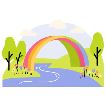 A "colorful rainbow bridge" arching over a "peaceful river." The bridge features vibrant colors like red, orange, yellow, green, blue, indigo, and violet, seamlessly blending into one another. Beneath the bridge, the river reflects the colors of the rainbow, with gentle ripples on the surface. Lush green trees line the riverbanks, and a few fluffy white clouds float in the blue sky above. Bright flowers in various colors bloom along the edges of the river, enhancing the scene's brightness.