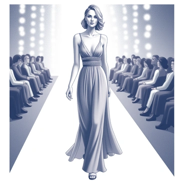A model confidently walking down a high-fashion runway. The model is wearing a flowing gown that drapes elegantly around her. The gown features intricate details and a dramatic silhouette, enhancing her poise. The model's hair is styled elegantly, and she displays a strong, captivating expression. The runway is lined with bright lights that add to the atmosphere of the event. The audience can be seen in the background, focusing intently on the model as she strides forward.