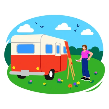 An illustrator painting a vintage retro caravan in a picturesque meadow. The caravan has bright red and white colors, with rounded edges and a shiny chrome bumper. The meadow is filled with lush green grass, dotted with colorful wildflowers in shades of yellow, purple, and pink. A clear blue sky is above, with fluffy white clouds drifting lazily. The illustrator, a young woman with shoulder-length brown hair, is focused on her canvas, which captures the scene perfectly. Nearby, a few birds can be seen flying in the sky, adding life to the peaceful setting.