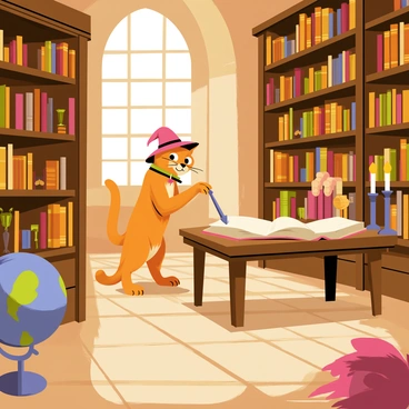 A cartoon-style illustration of "Puss in Boots," a clever cat wearing a wide-brimmed hat and a feather, exploring an ancient library. The library features tall wooden shelves packed with "dusty tomes" and scrolls. Sunlight filters through small, arched windows, casting a warm glow on the floor covered in "ancient stone tiles." Puss is standing on his hind legs, curiously inspecting a large, open book on a wooden table. Various artifacts, such as a globe and candlesticks, are scattered around the room, adding to the sense of adventure and discovery.